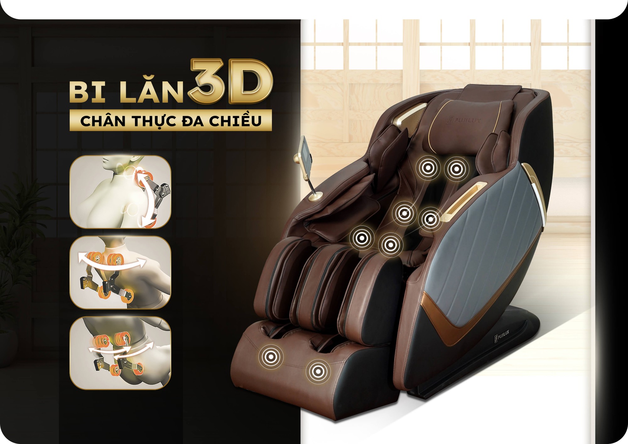 Con lăn 3D được bố trí ở lưng và gan bàn chân ghế massage JP8888
