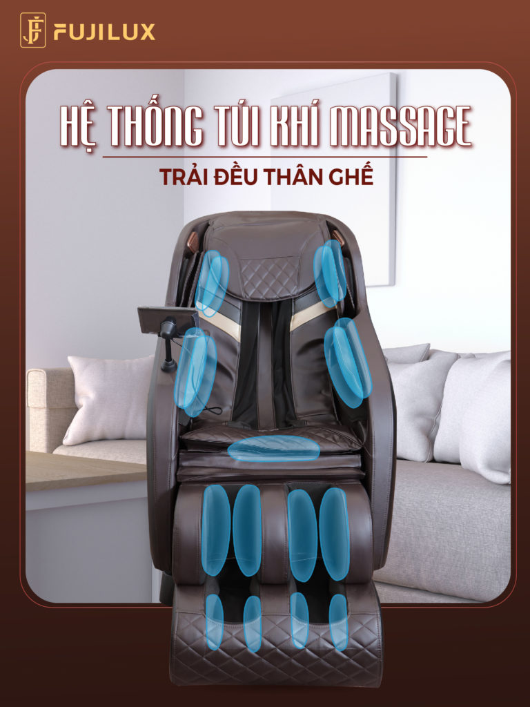 Hệ thống 34 túi khí massage trải đều thân ghế
